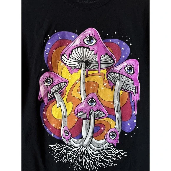 Threadless Psychedelic‎ Magic Mushrooms Black Hippie Festival Graphic T Shirt M - Picture 2 of 7